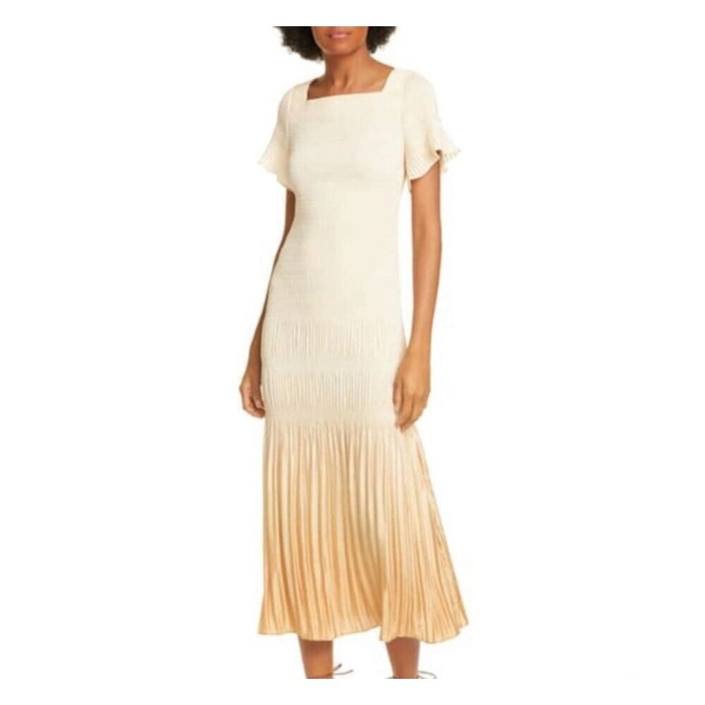 Rodebjer Soleil Dress XS Ivory Pleated Midi Flutter Sleeve Elegant Party
